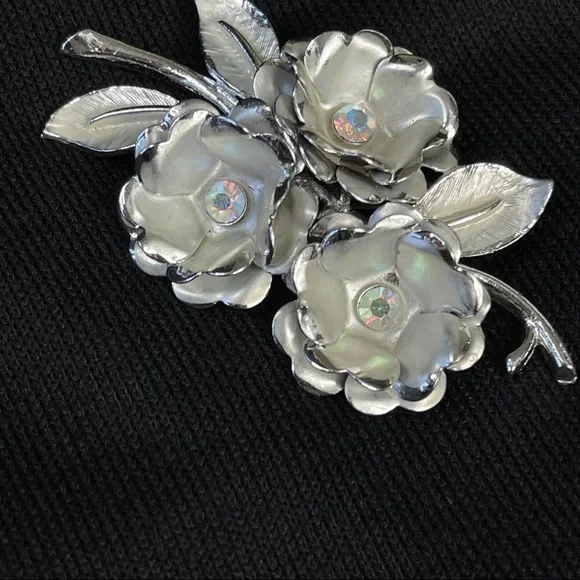 CORO pin VINTAGE floral BROOCH silver + rhinestone FEMININE stylish TIMELESS - Picture 11 of 13